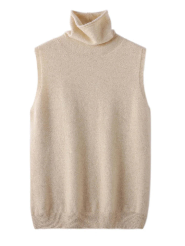 Beige sleeveless turtleneck sweater vest, front view