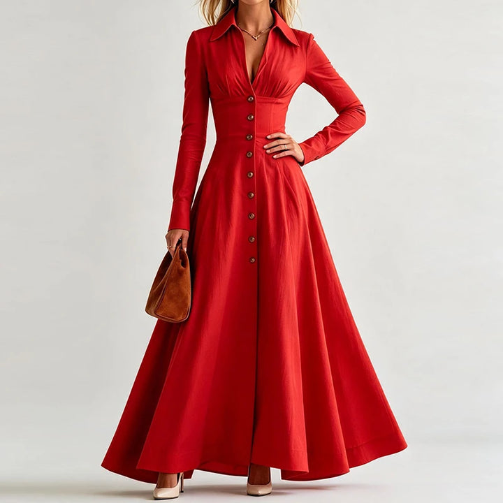 Red maxi dress close up of fitted waist and buttons