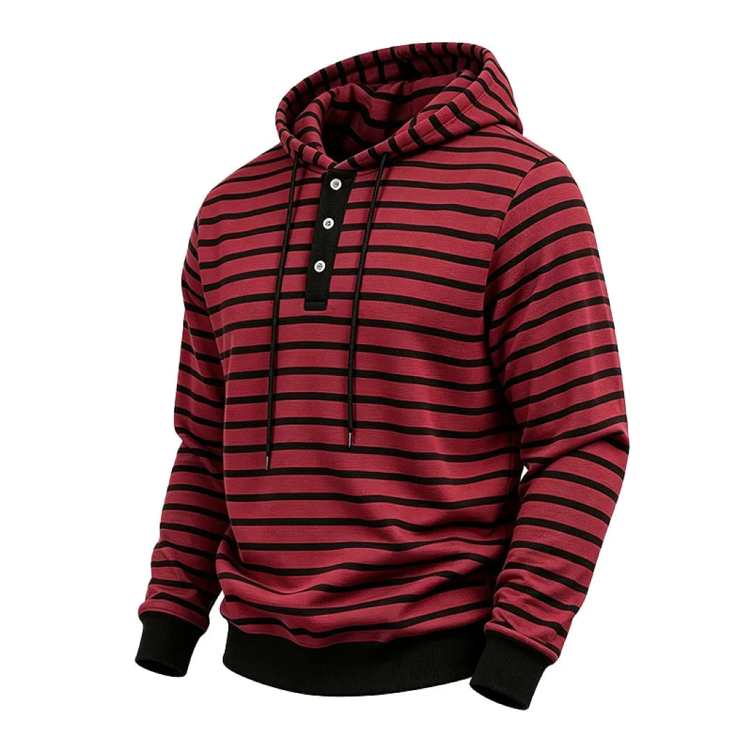 Men's red striped pullover hoodie, angled view