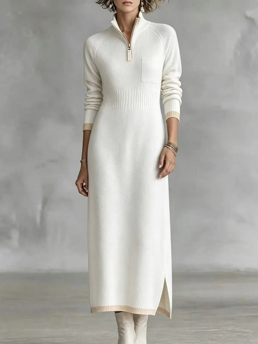 White quarter-zip sweater dress with contrast trim, front view