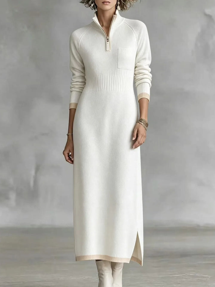 White quarter-zip sweater dress with contrast trim, front view