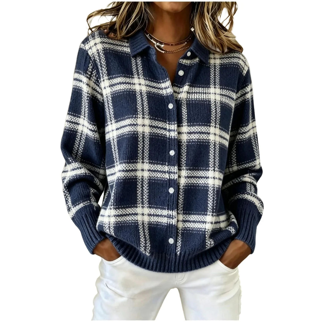 Woman wearing navy and white plaid knit button front cardigan