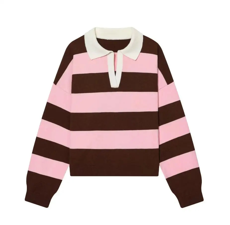 Pink and brown striped polo sweater with white collar, front view
