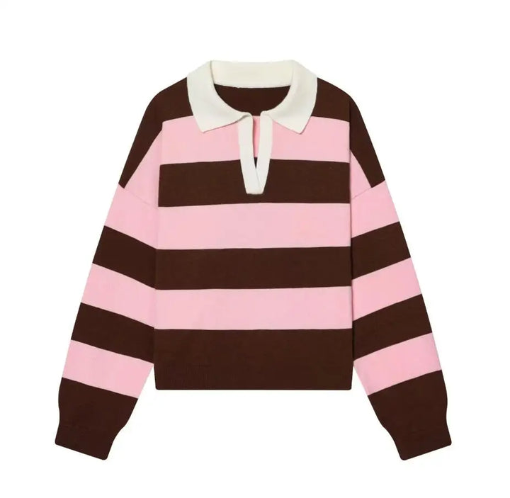 Pink and brown striped polo sweater with white collar, front view