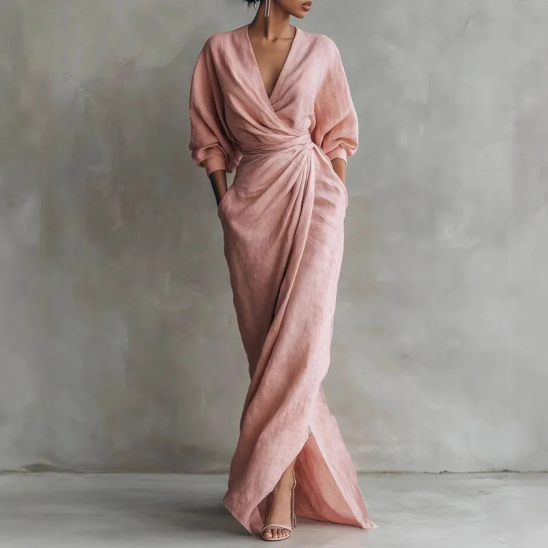 Paulina V Neck Wrap Waist Long Dress
