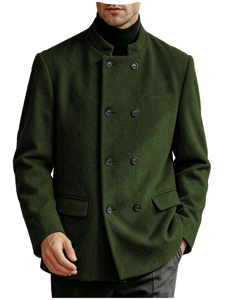 Man wearing dark green mandarin collar double-breasted coat
