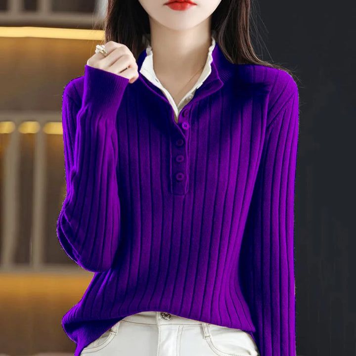 Purple ribbed knit button up collar sweater on model