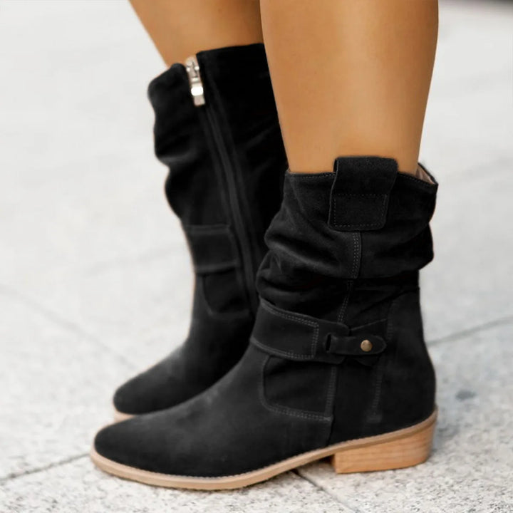 Black suede slouch ankle boots with buckle strap and zip