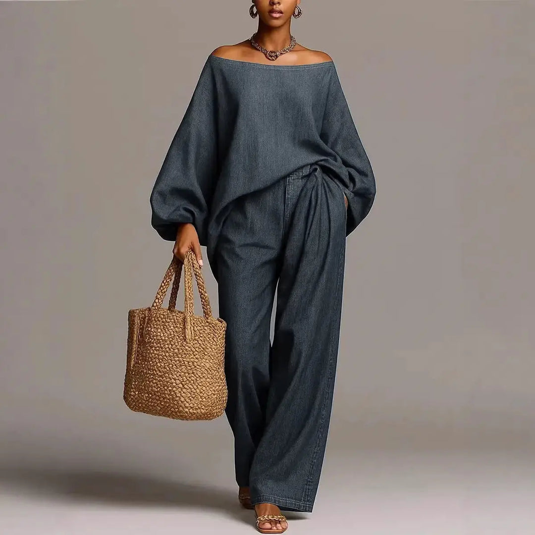 Woman wearing gray denim-look two piece off shoulder top and wide leg pants set, full front view