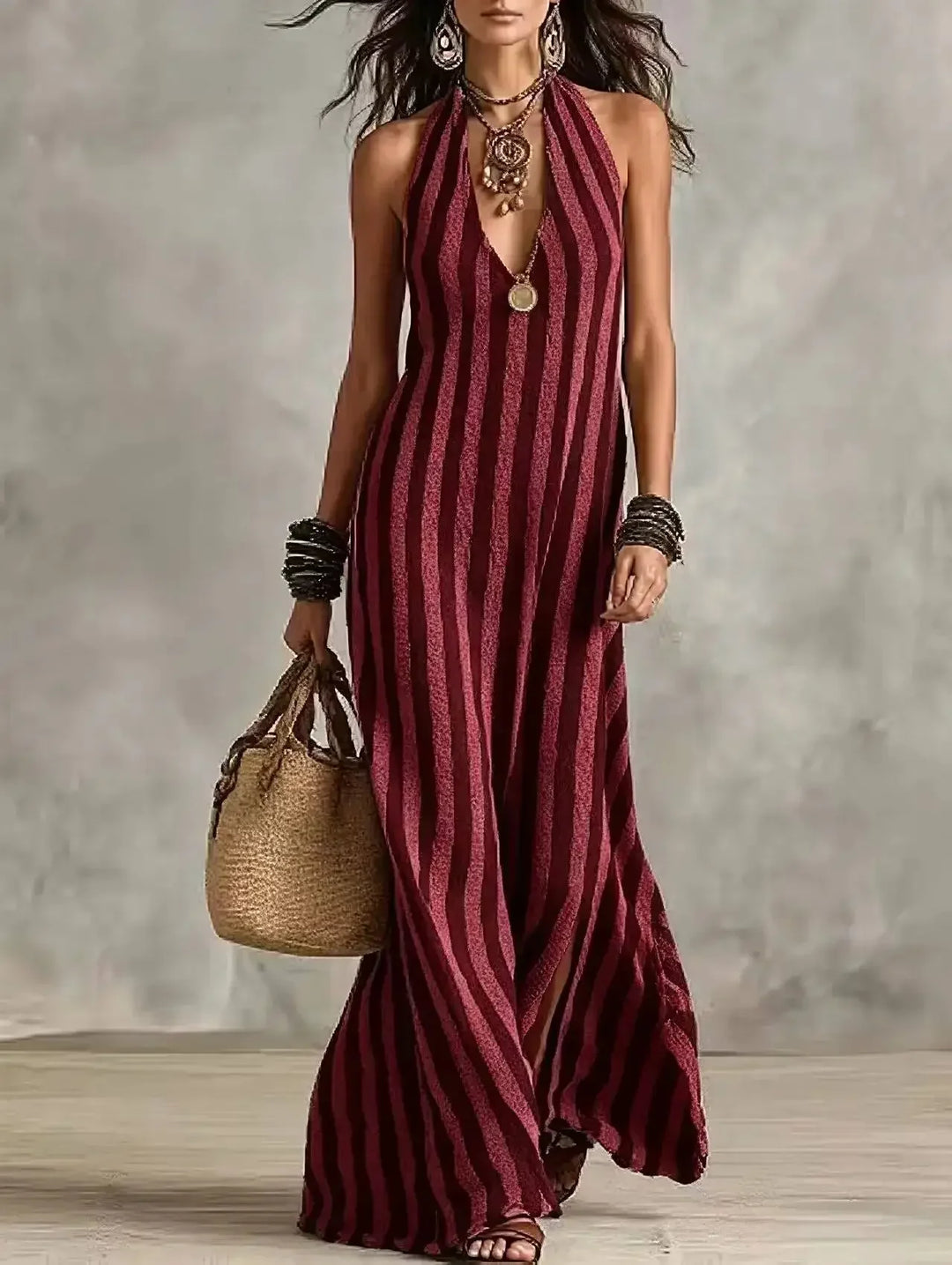 Delmare Striped Halter Maxi Dress