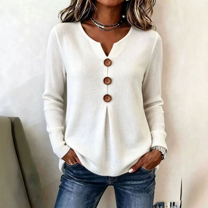 White ribbed henley top with button placket, front view