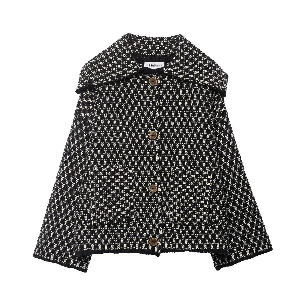 Black and white textured knit jacket with button front