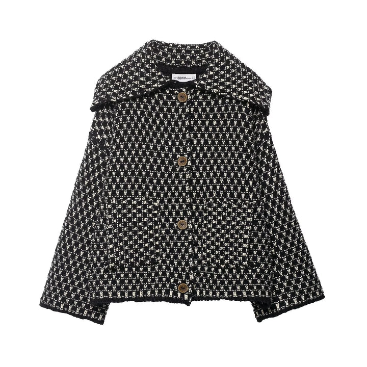 Black and white textured knit jacket with button front