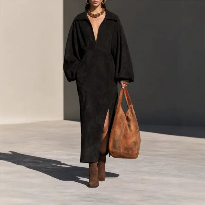 Black suede-look sheath dress with half-zip front, full length view