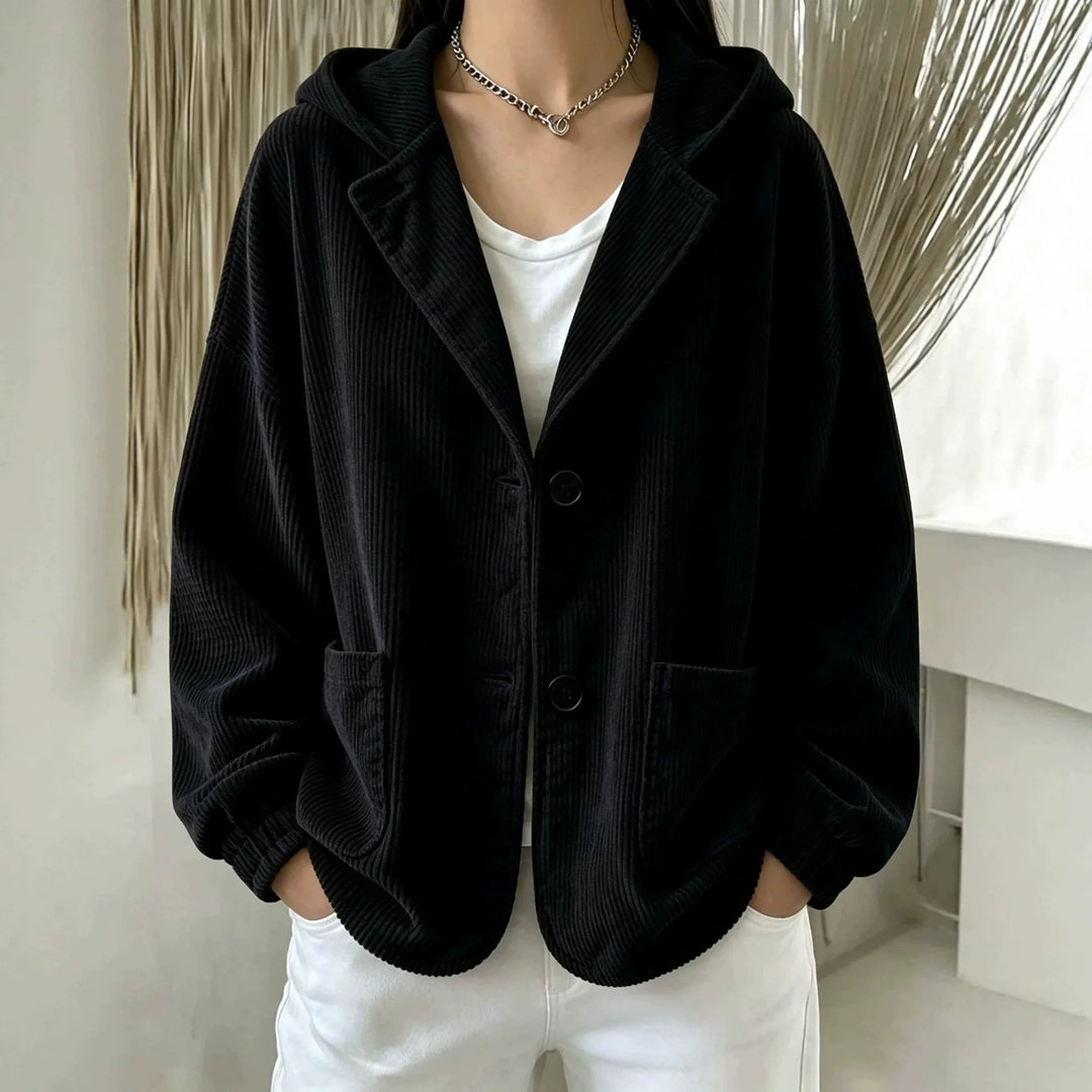 Black hooded corduroy jacket with patch pockets