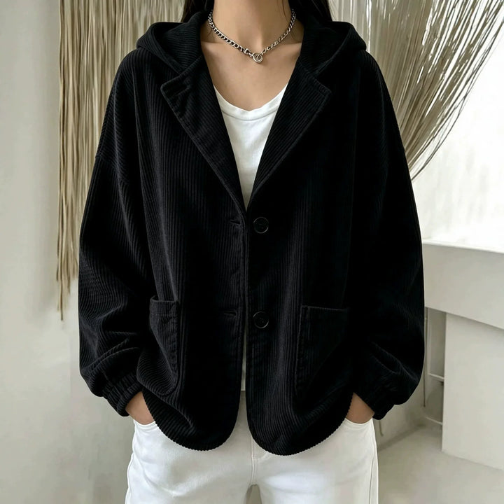 Black hooded corduroy jacket with patch pockets