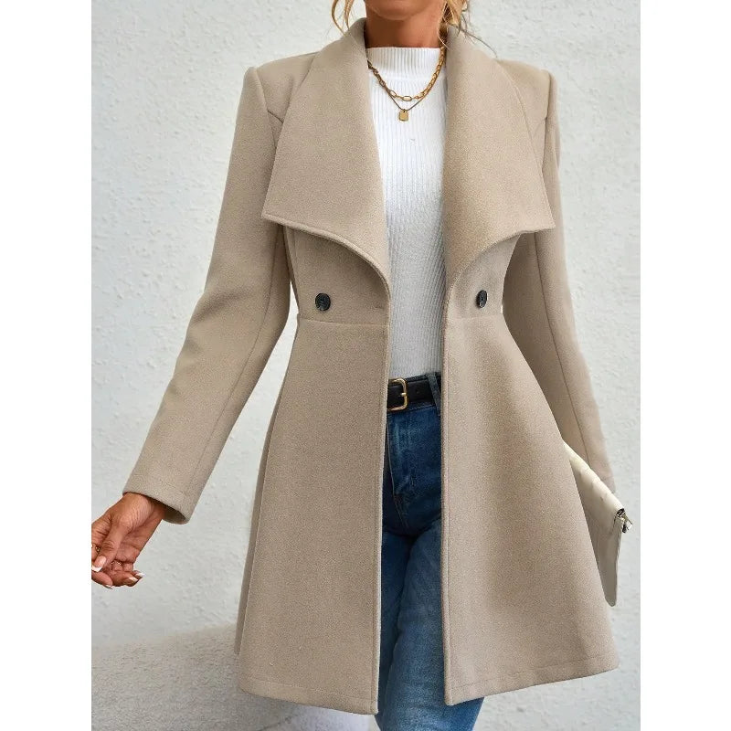 Woman wearing beige waterfall collar swing coat, side view