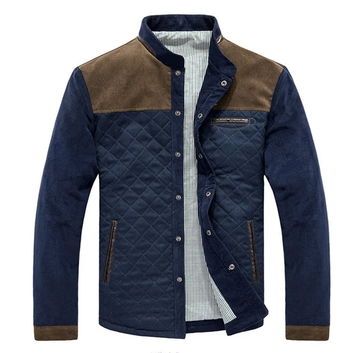 Men's quilted jacket in navy with brown shoulder yoke, open front view