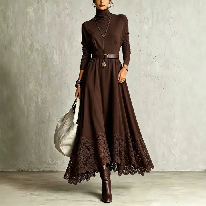 Woman wearing dark brown turtleneck maxi dress with lace hem