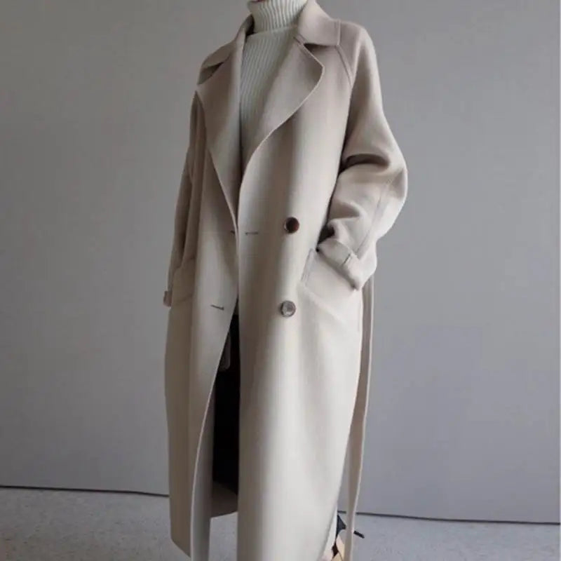 Beige long wool-blend coat with double-breasted buttons
