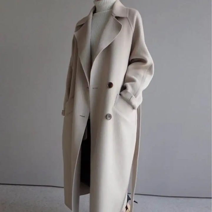 Beige long wool-blend coat with double-breasted buttons