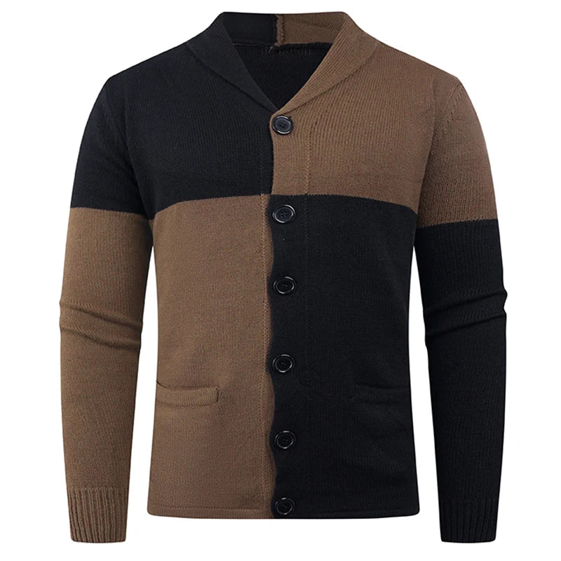 Black brown color-block shawl collar cardigan sweater, front view