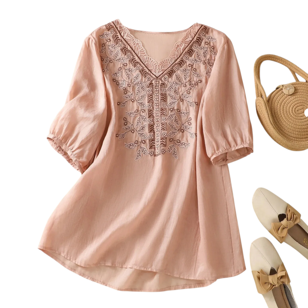 Sylvera Embroidered V Neck Blouse