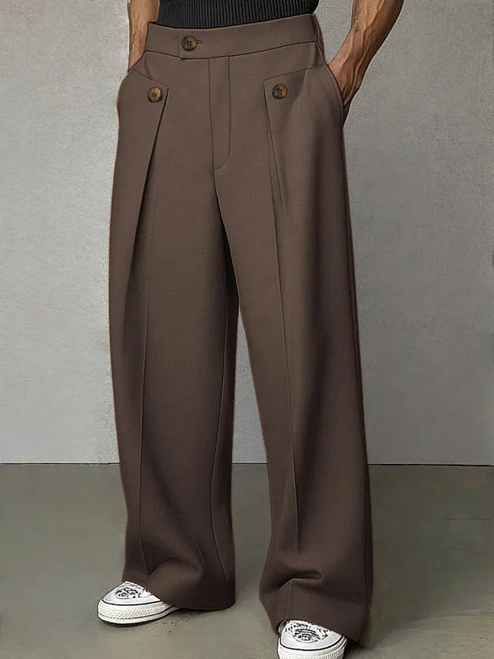 Brown wide leg trousers with pleated pocket detail, front view