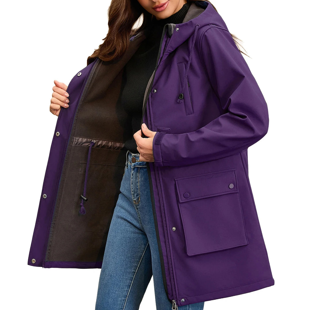Purple rain jacket open showing fleece lining and pocket