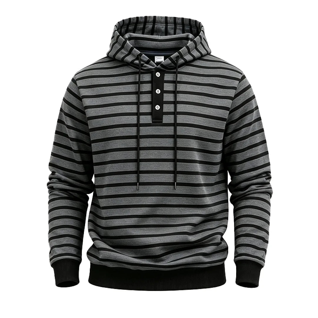 Men's dark gray striped pullover hoodie, front view