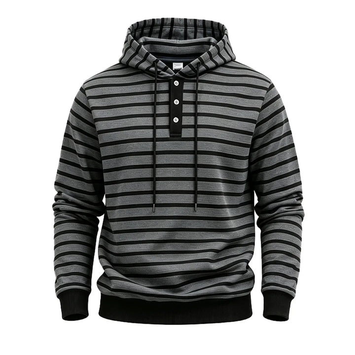 Men's dark gray striped pullover hoodie, front view