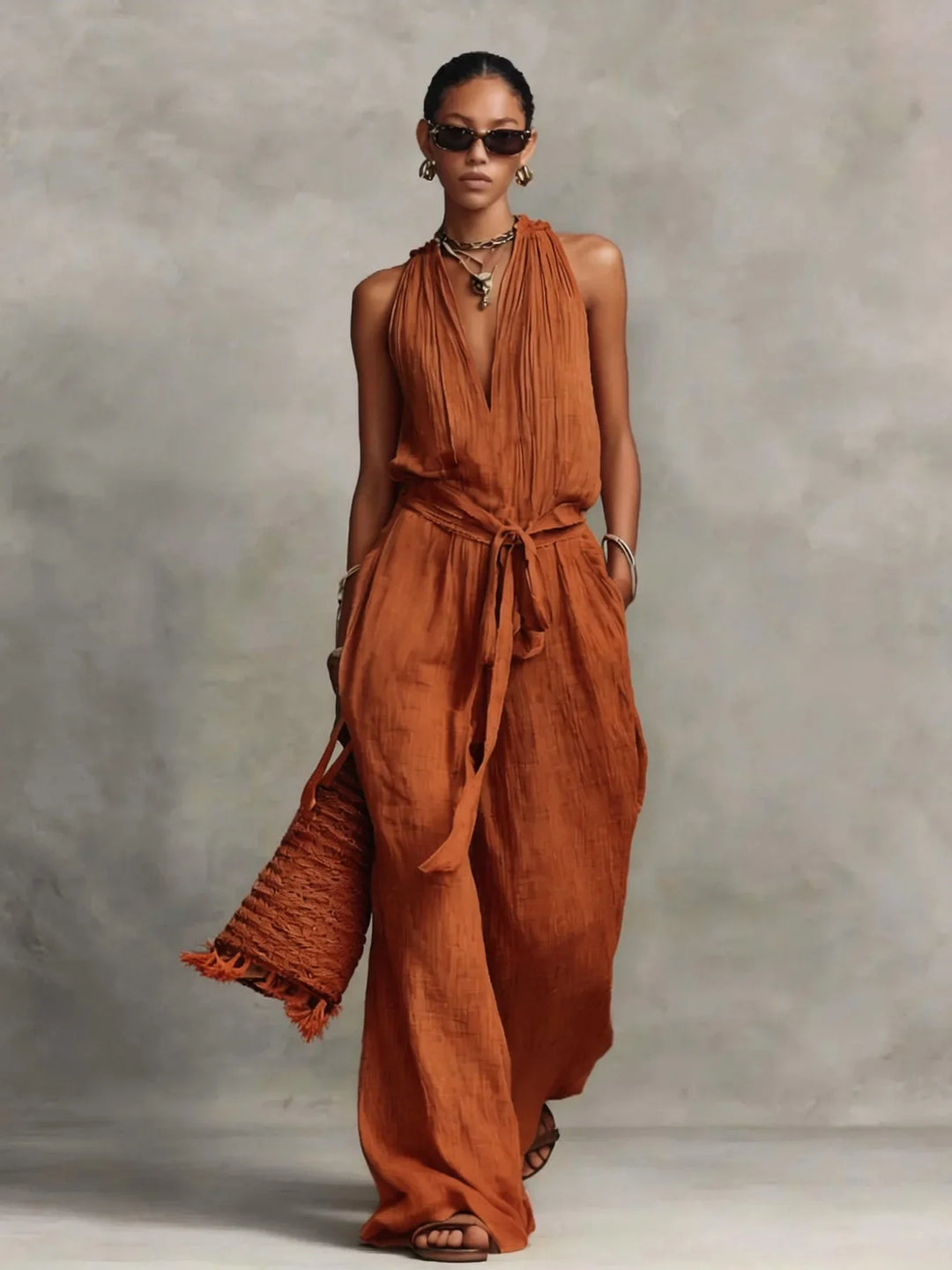 Calyara Front Tie Wide Leg Jumpsuit