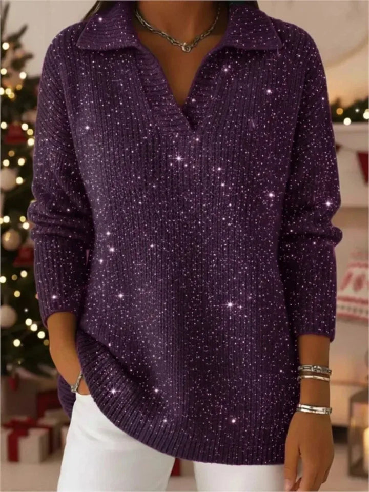 Woman wearing dark purple sequined ribbed knit pullover sweater with collar