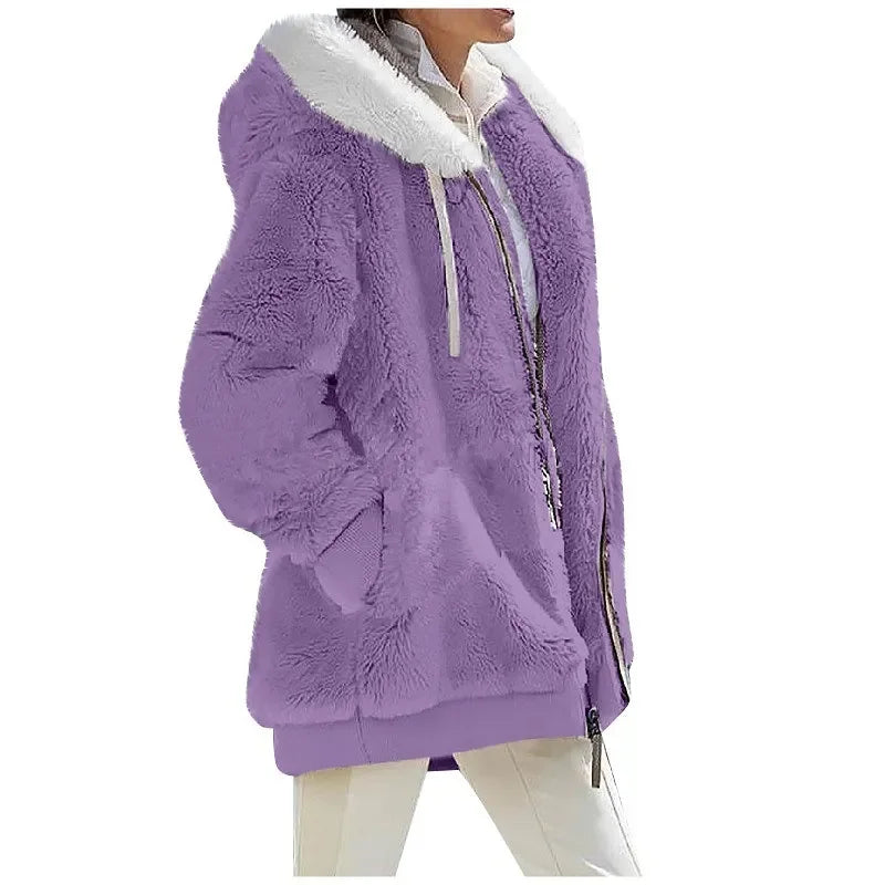Purple plush fleece hooded jacket with white contrast collar, side view