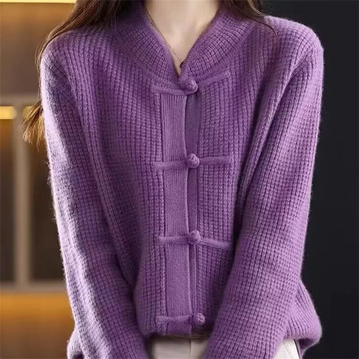 Purple knit cardigan with stand collar detail