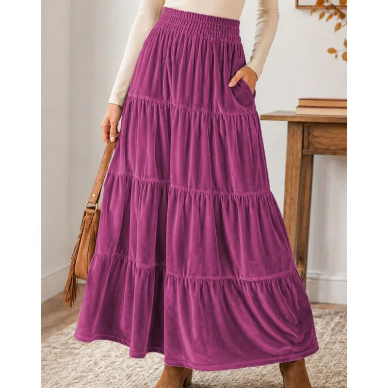 Purple velvet tiered maxi skirt, front view