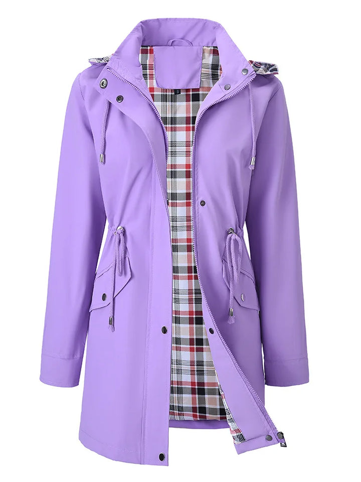 Purple hooded rain jacket with plaid lining, close front view