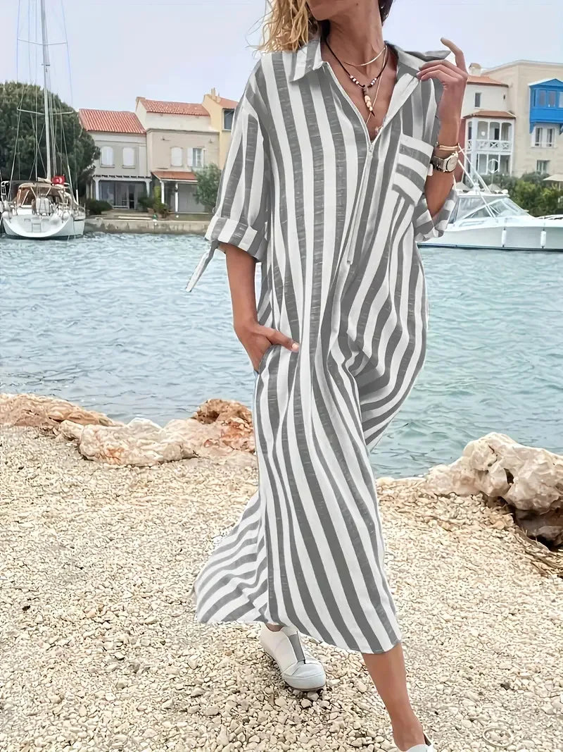 CelesseStriped Maxi Shirt Dress
