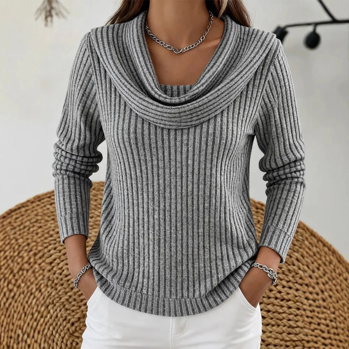 Gray ribbed knit top with cowl neckline, close view