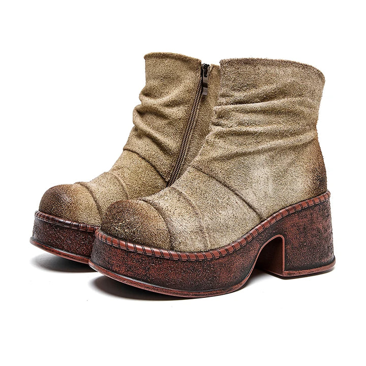 Pair of beige suede-look platform ankle boots angled view
