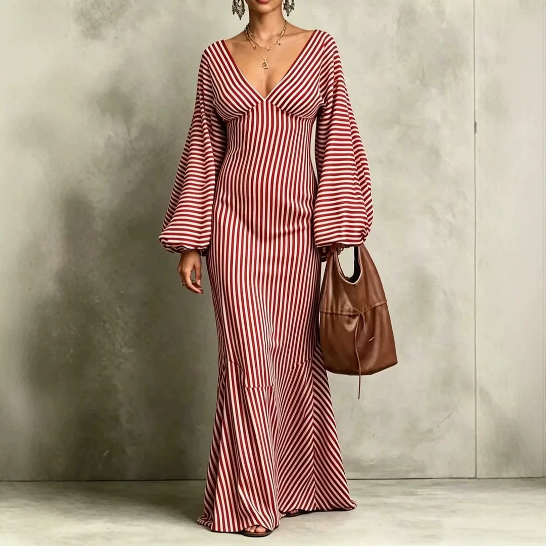 Red striped maxi dress with V-neck and lantern sleeves, front view
