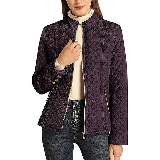 Woman wearing burgundy quilted puffer jacket