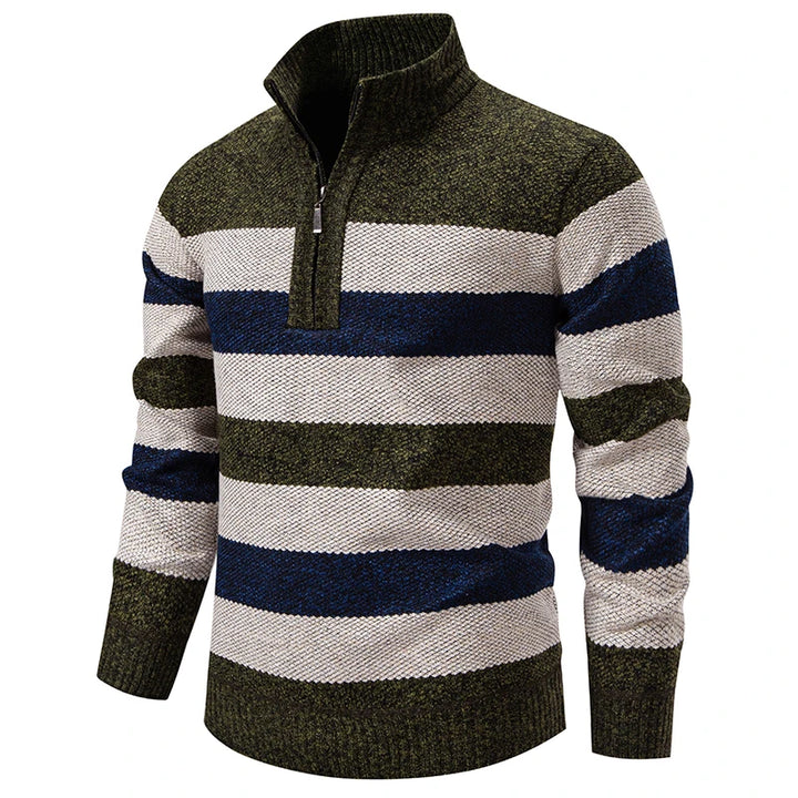 Green beige navy striped quarter zip sweater, front angle view