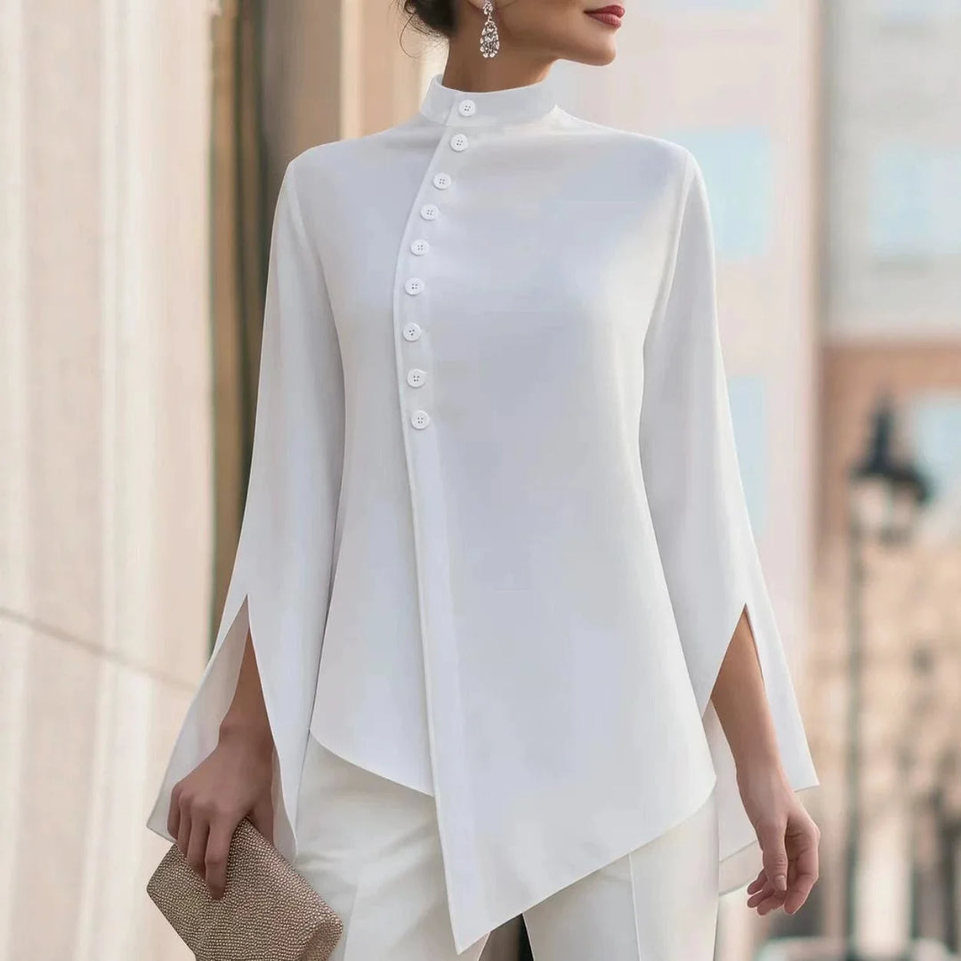 White asymmetrical blouse with diagonal button placket and stand collar, front view