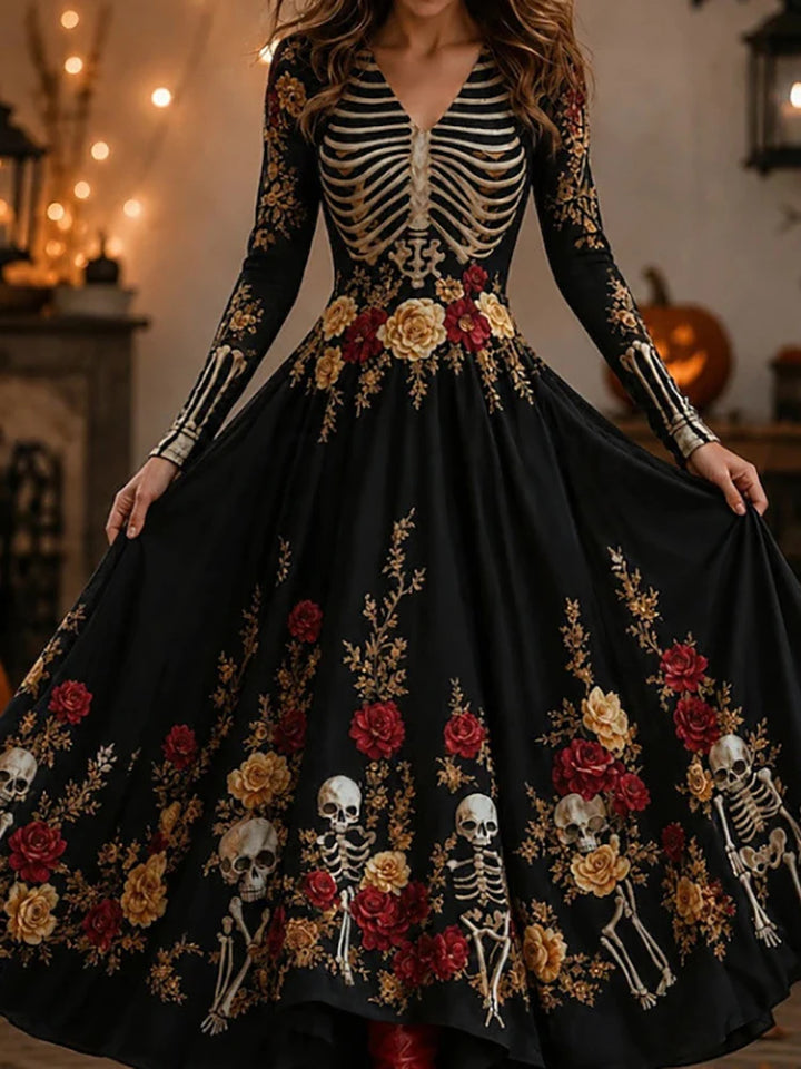 Woman wearing black A-line maxi dress with skeleton rib cage print and floral waist detail
