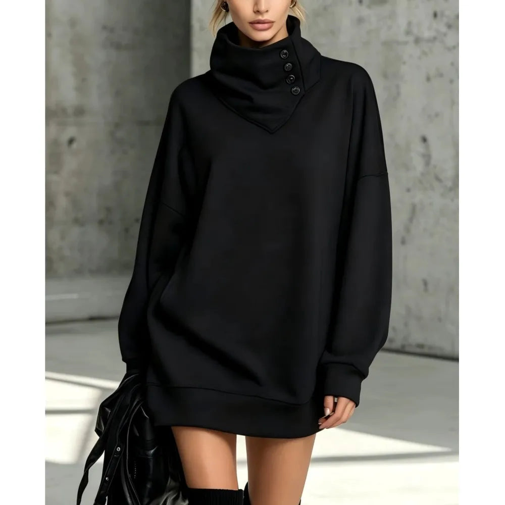 Black sweatshirt dress with asymmetric button collar, front view
