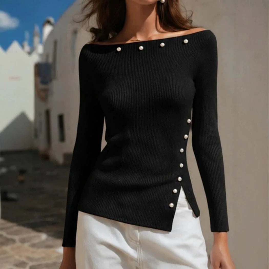 Black ribbed knit off-shoulder pullover with pearl button detail