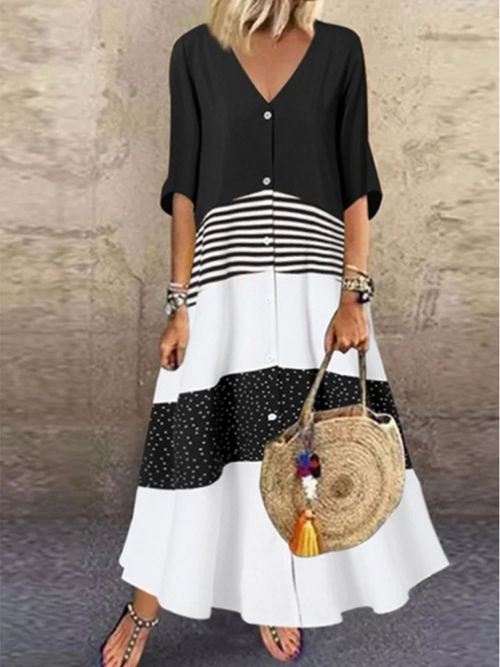 Andrea Color Blocked V Neck Maxi Dress