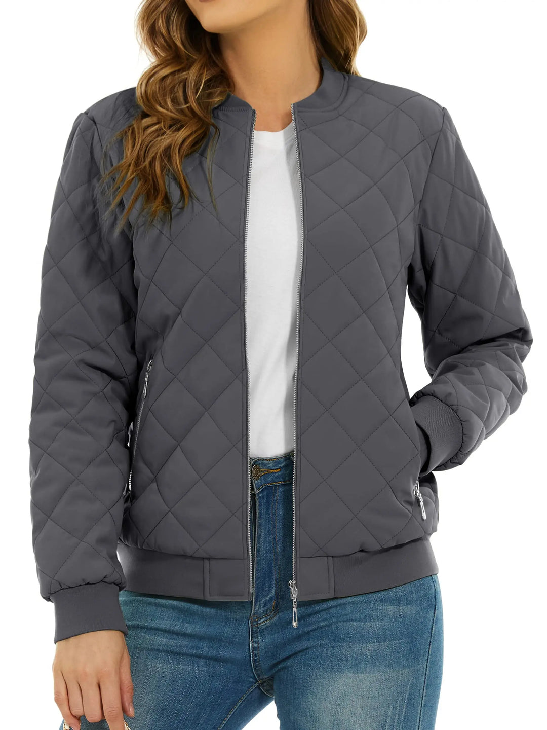 Close up of dark gray quilted bomber jacket with zip pocket
