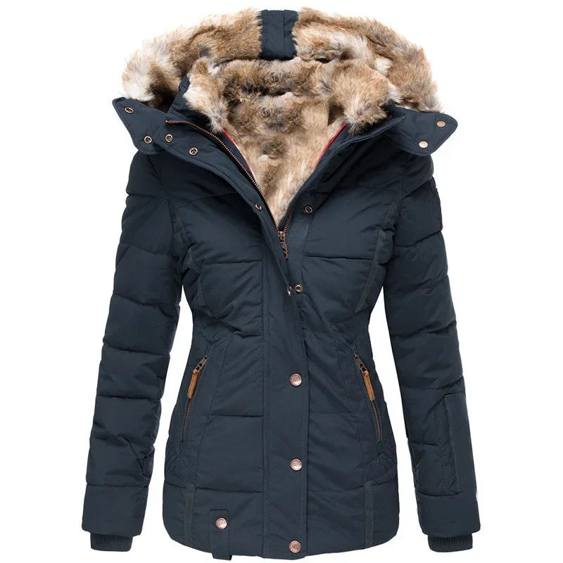 Navy blue quilted puffer jacket with faux fur hood, front view